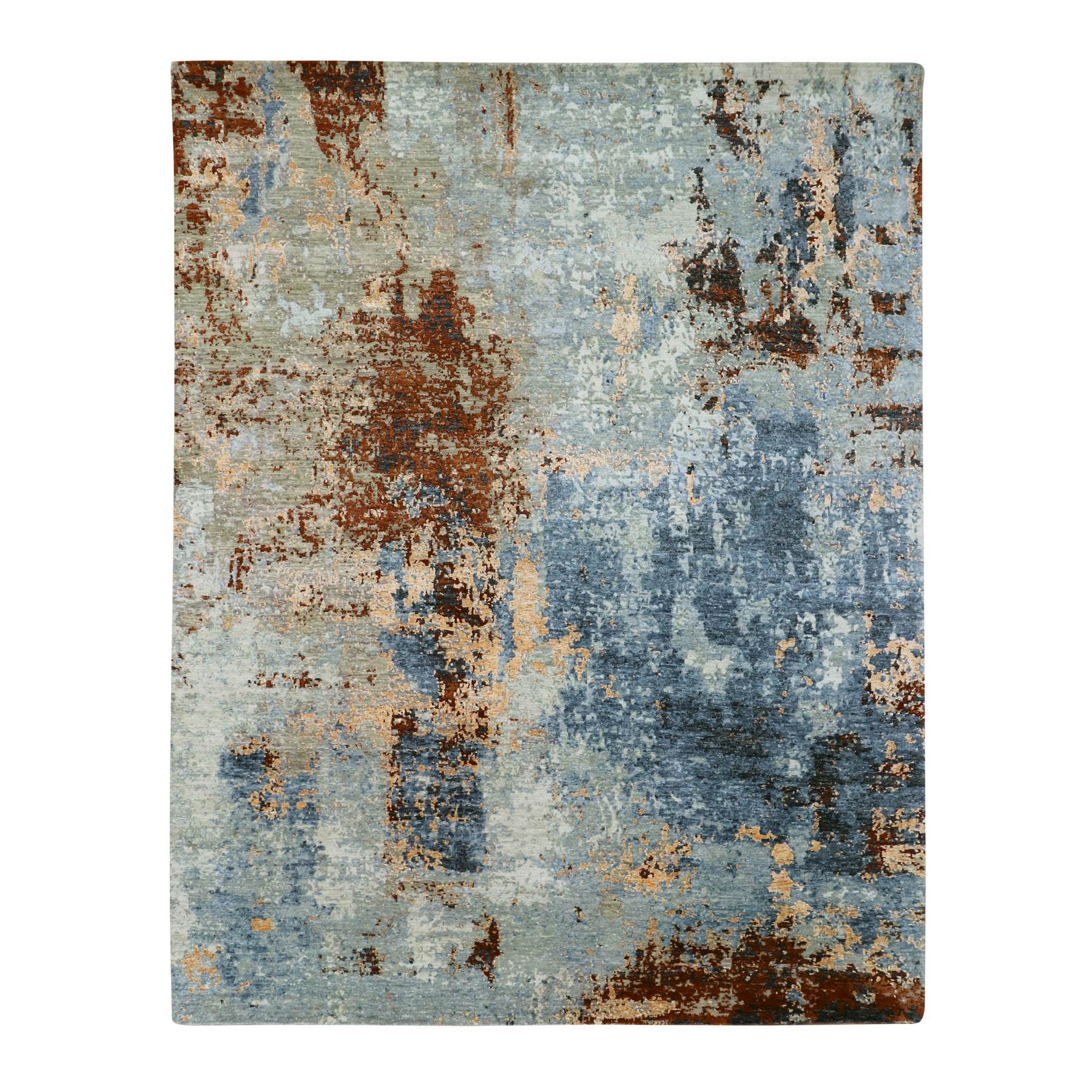 Aegean Blue with Rust Red, Hand Knotted, Abstract with Galaxy Design, Persian Knot, 100% Wool, Densely Woven, Oriental Rug